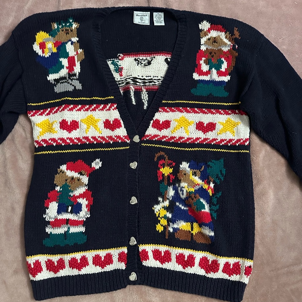 Vintage 90s Handknit Teddy Bear Christmas Cardigan Size XL - To The North Pole